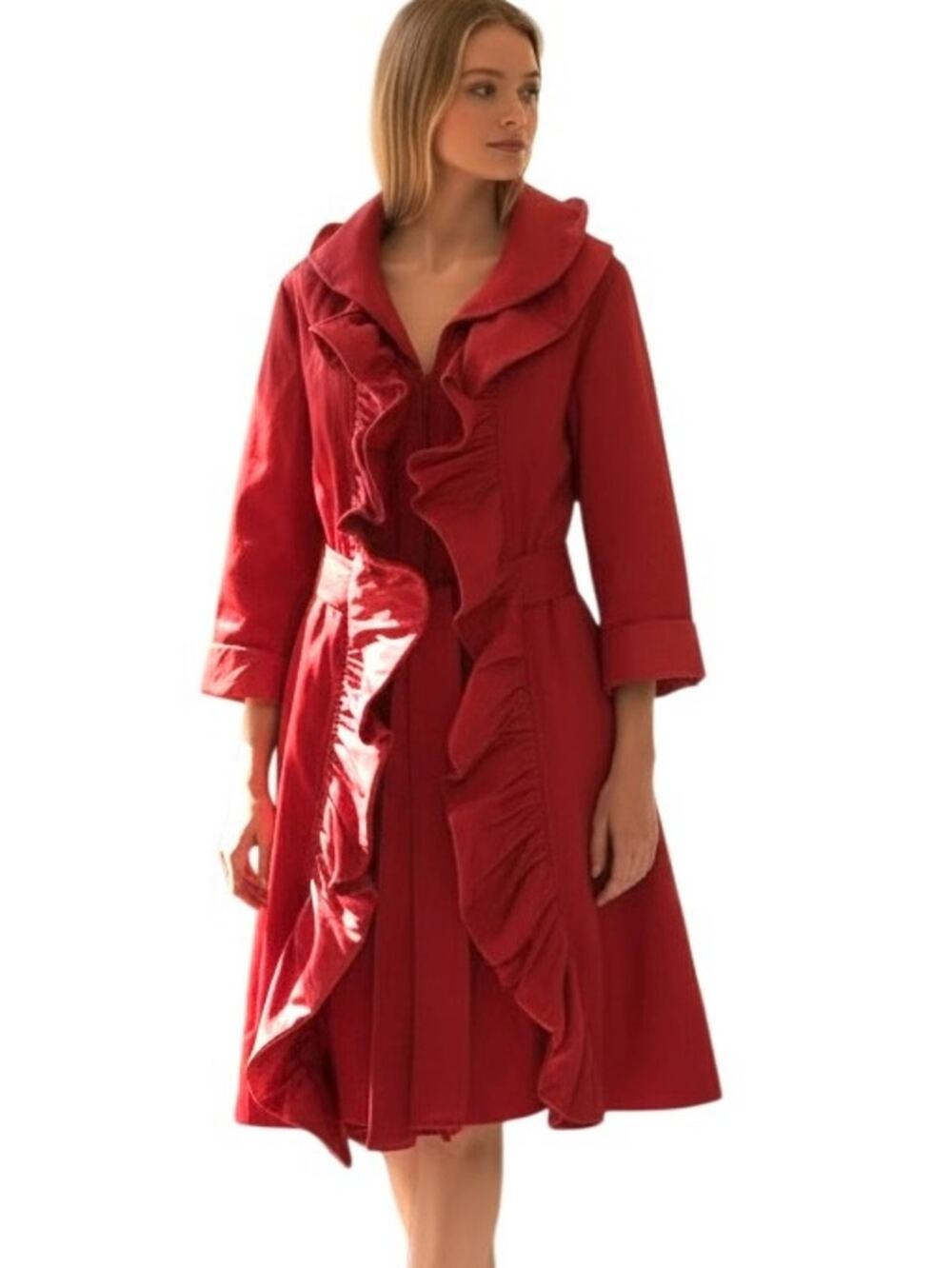 D&Y Coat Size M Deep Red Taffeta Ruffle Front Statement Going Out Designer